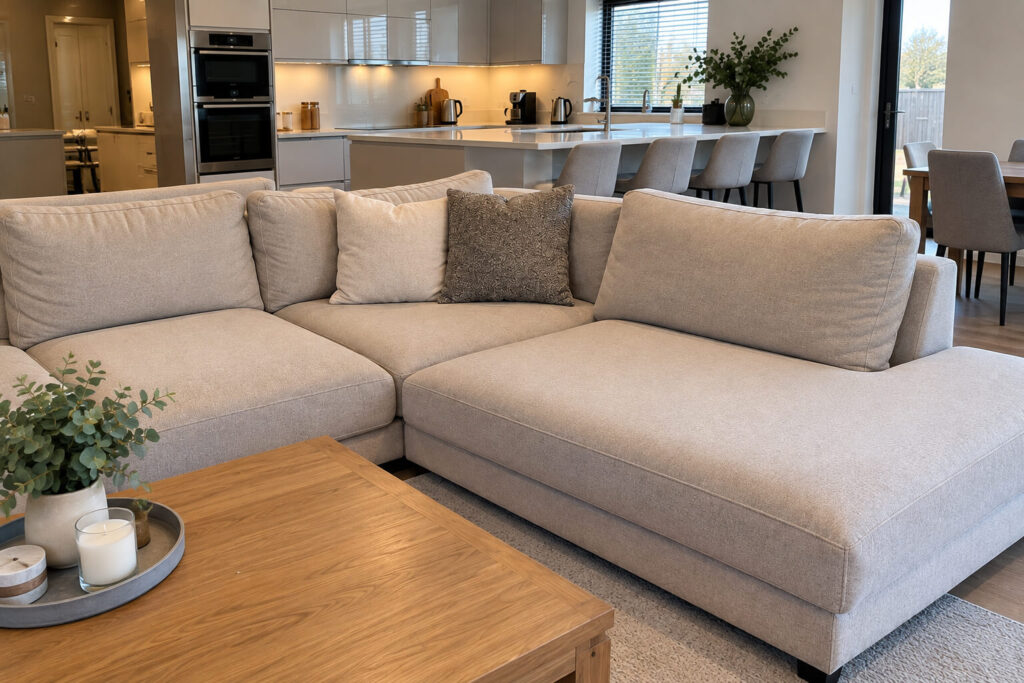Living area and kitchen after a full home deep clean in Didsbury, Manchester