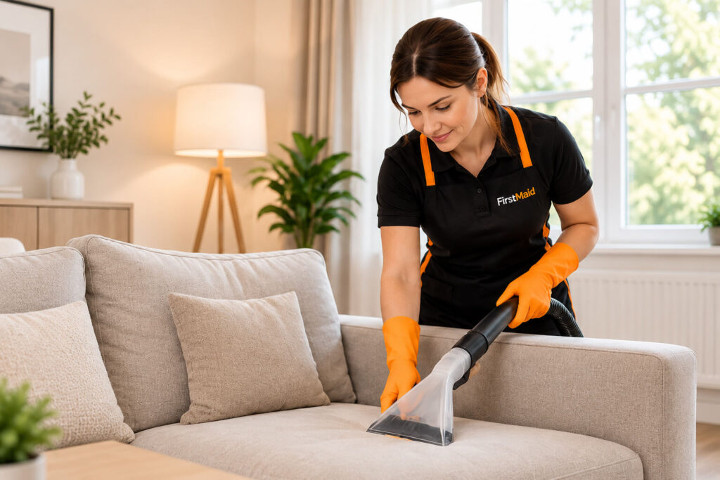 FirstMaid cleaner cleaning a living room during an end of tenancy service