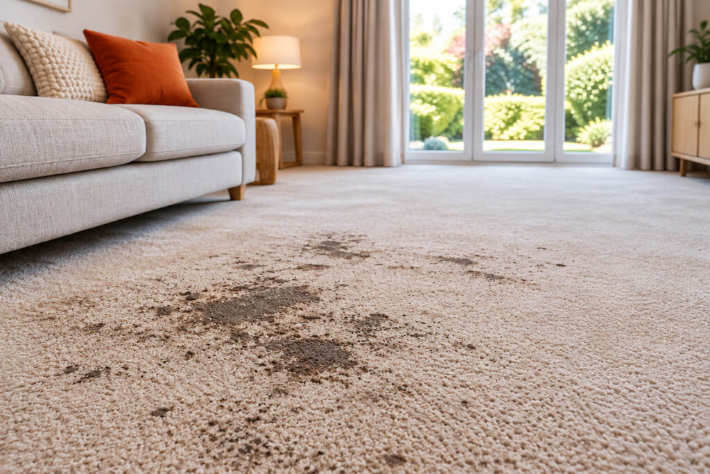 Living room carpet before professional cleaning in Manchester