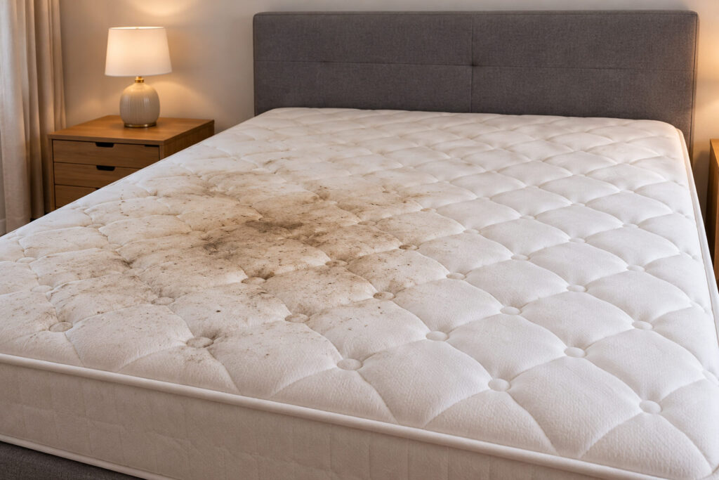Stained mattress before professional cleaning in Chorlton, Manchester