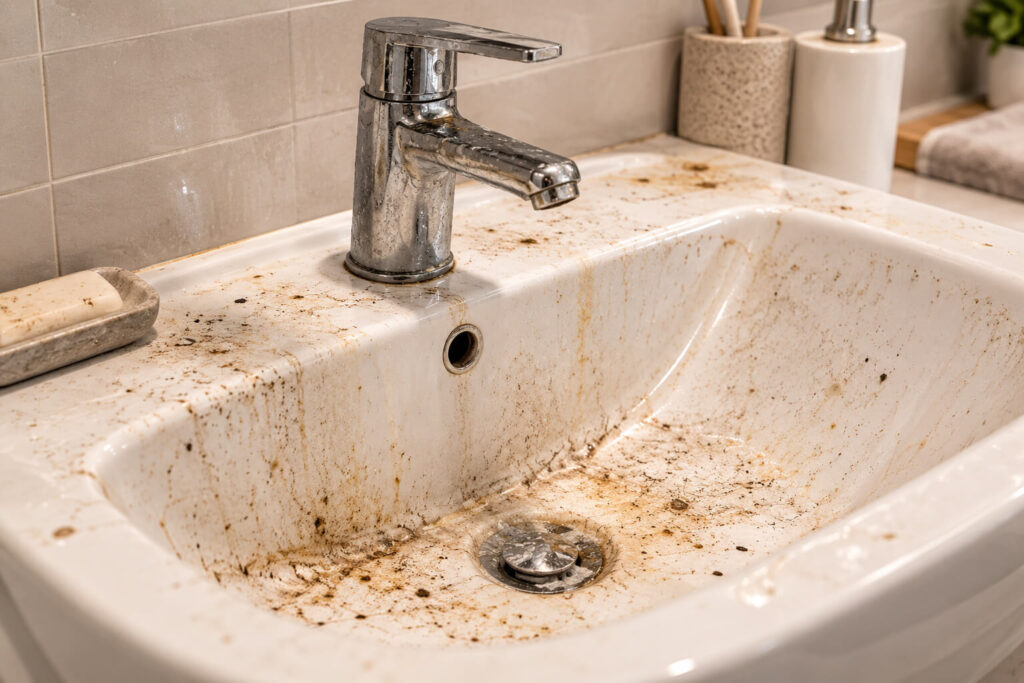 Dirty bathroom sink before one-off cleaning in Manchester
