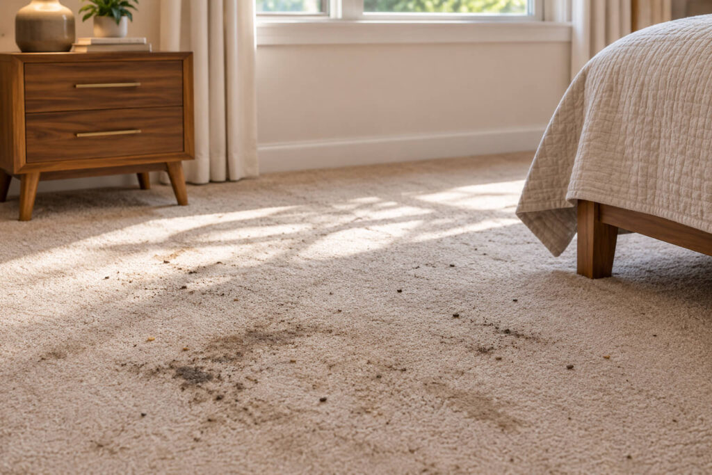 Dirty bedroom carpet before one-off cleaning in Manchester
