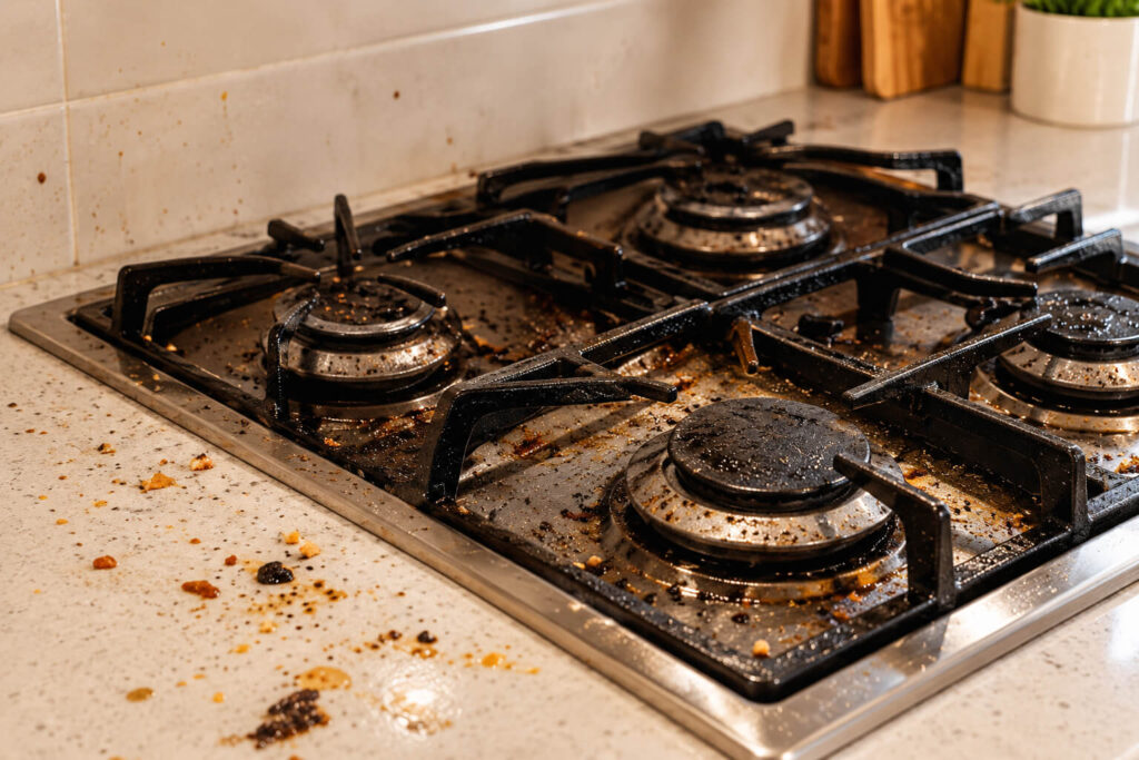 Dirty gas hob before one-off kitchen cleaning in Manchester