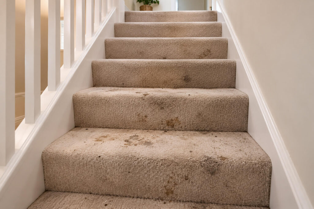 Dirty carpeted stairs before one-off cleaning in Manchester