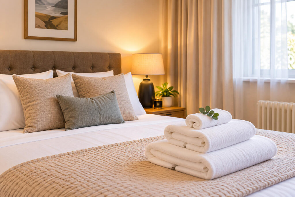 Guest-ready short-let bedroom with fresh towels in Manchester