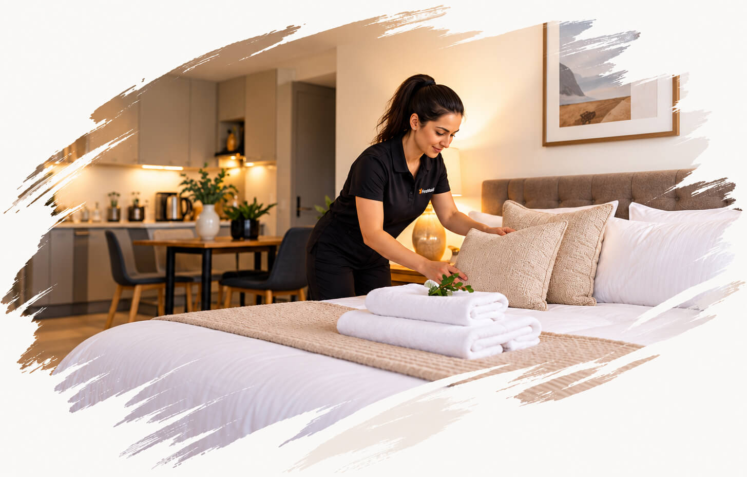 FirstMaid cleaner preparing a short-let property for the next guest in Manchester