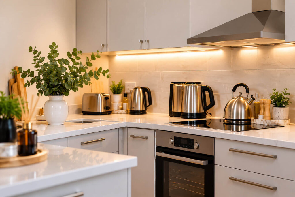 Guest-ready short-let kitchen in Manchester