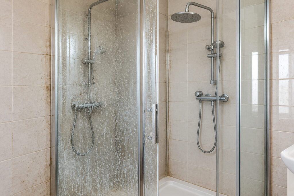 Shower glass with limescale before professional cleaning in Chorlton, Manchester