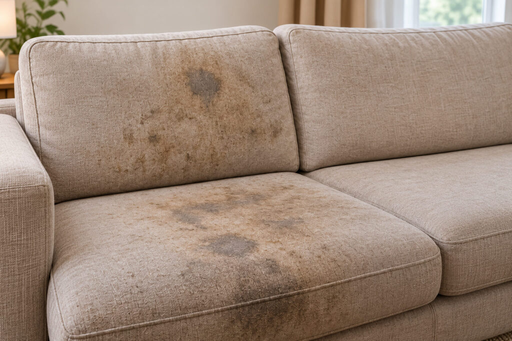 Stained sofa before professional upholstery cleaning in Chorlton, Manchester