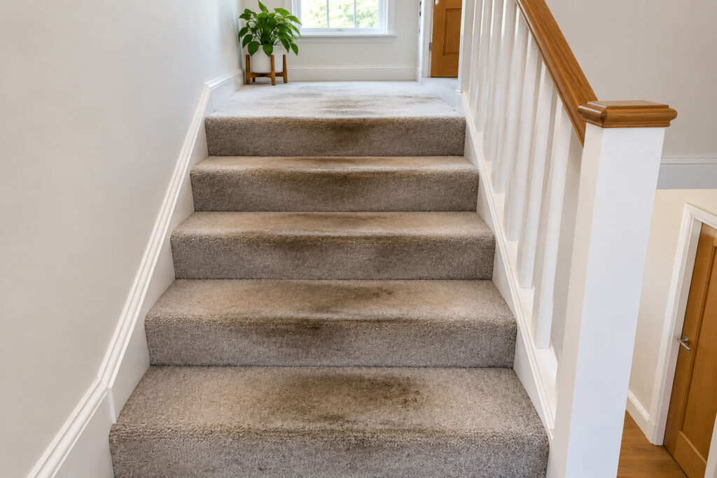 Stained staircase carpet before professional cleaning in Chorlton, Manchester